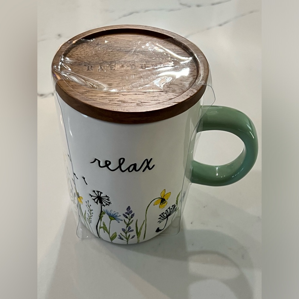 NWT Rae Dunn- Relax Floral Mug with lid and coaster